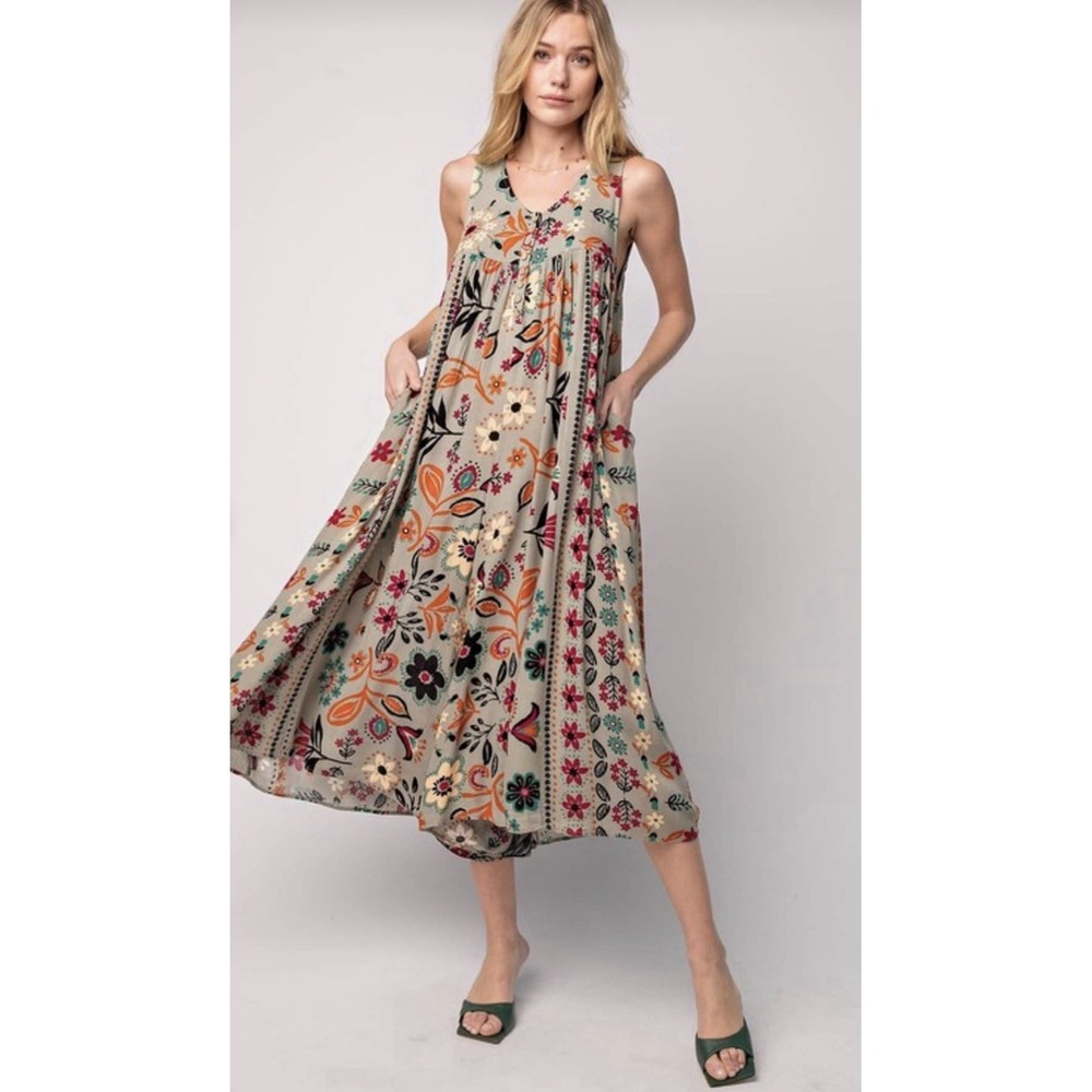 Easel Los Angeles Green Floral Wide Leg Jumpsuit Womens Small Boho Sleeveless